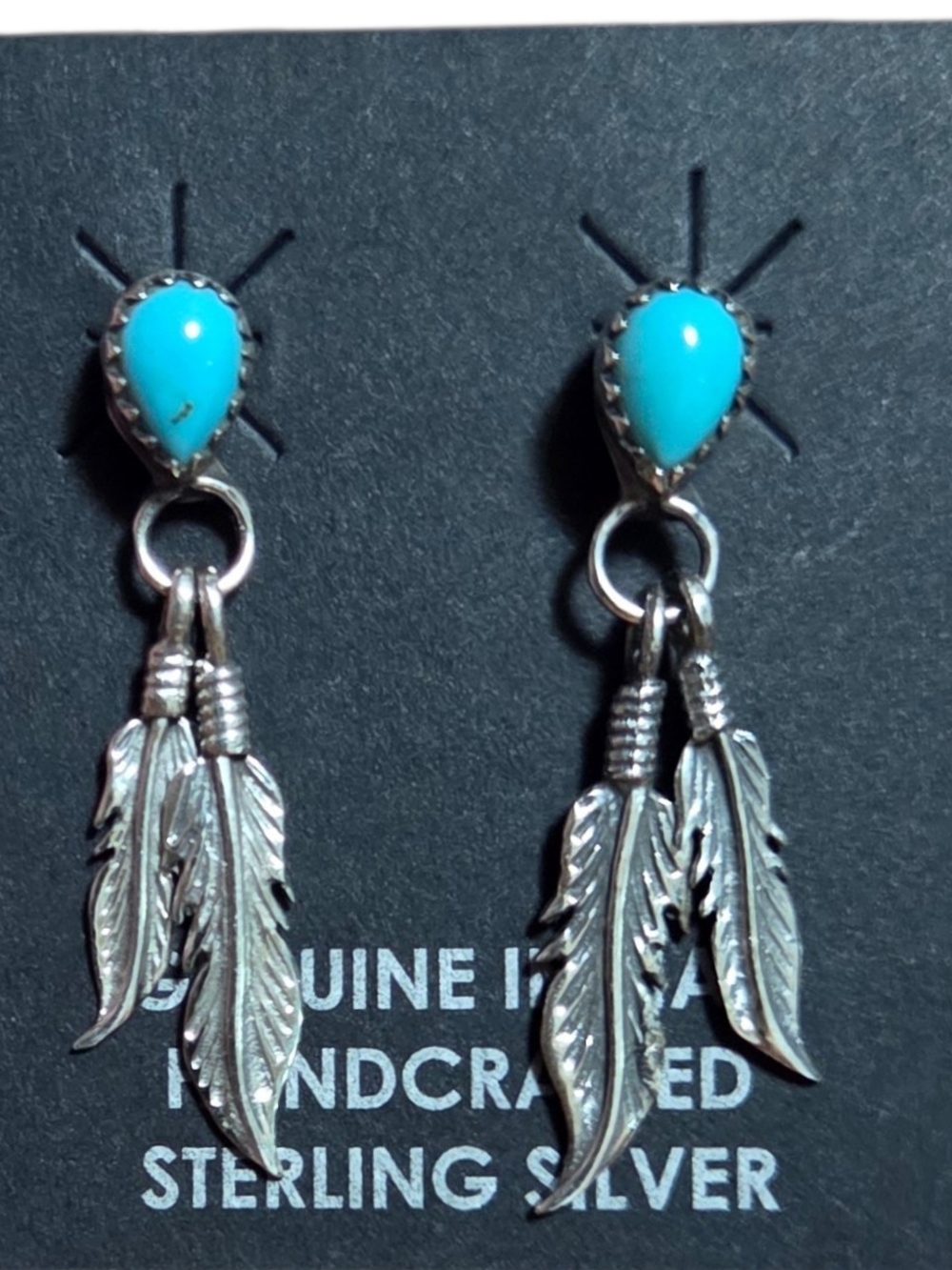 Turquoise Teardrop Sterling Silver Feather Dangle Earrings NWOT